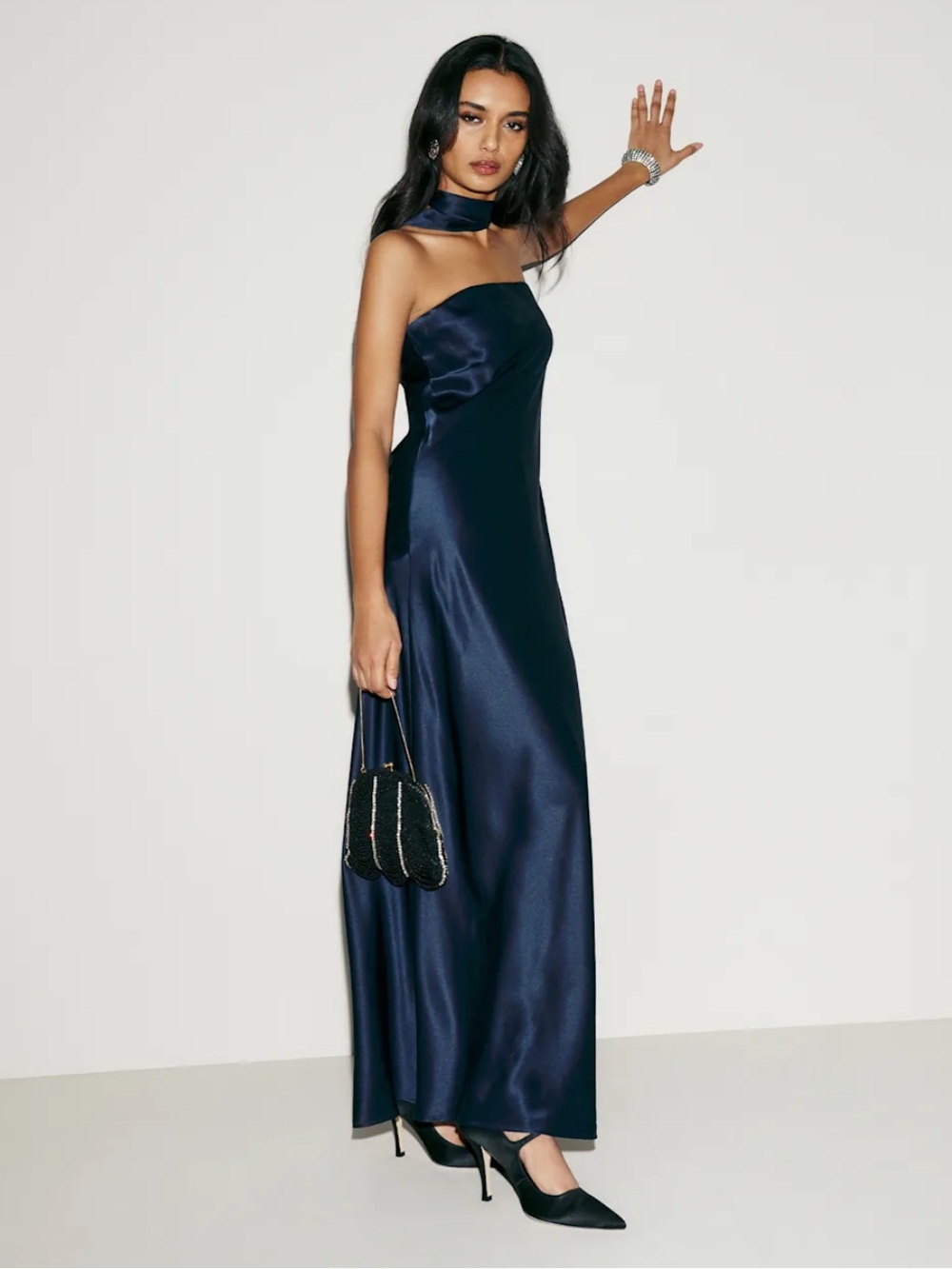 Reformation Navy Blue Strapless Satin Gown